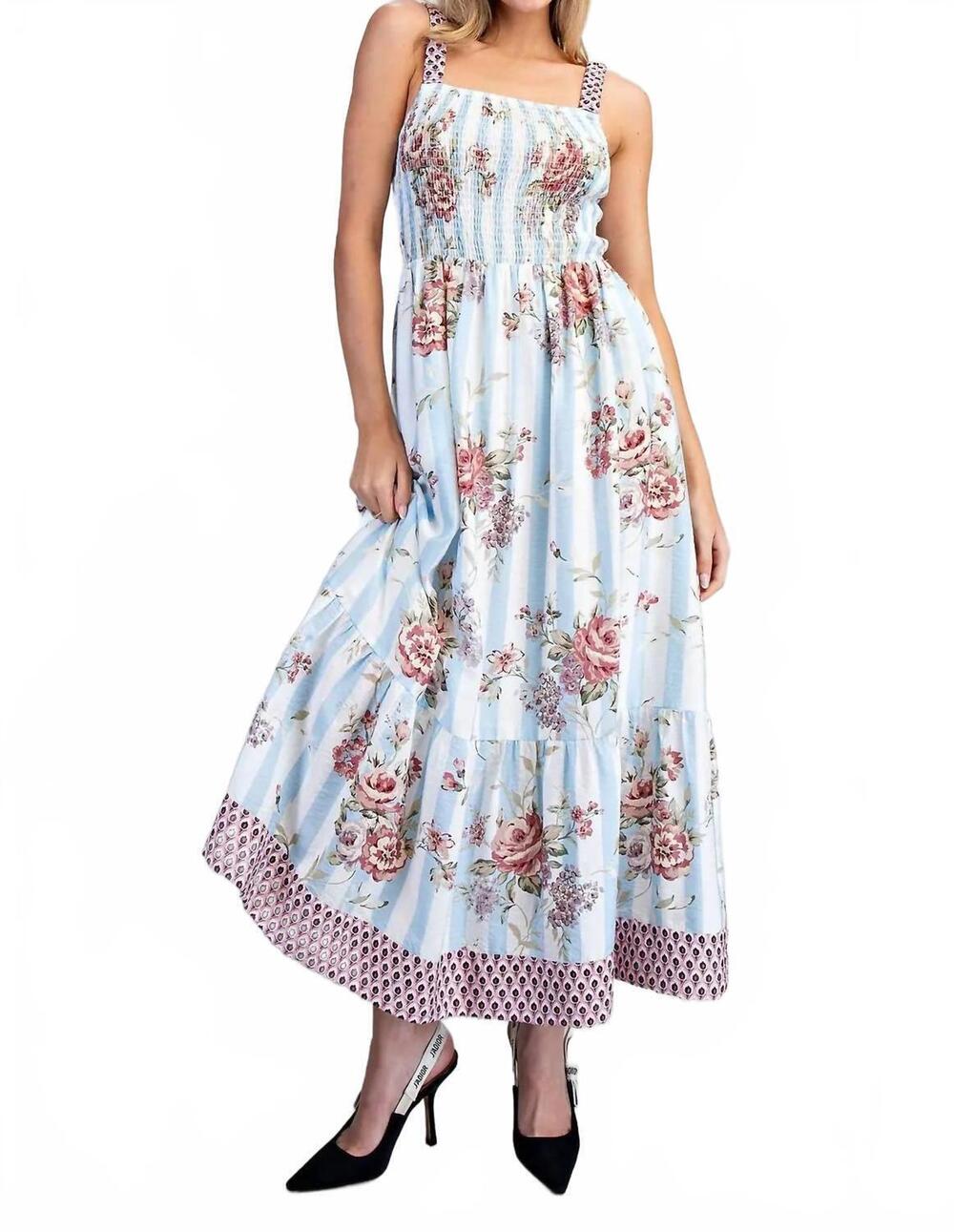 NEW EE:SOME floral striped contrast strap maxi dress in blue